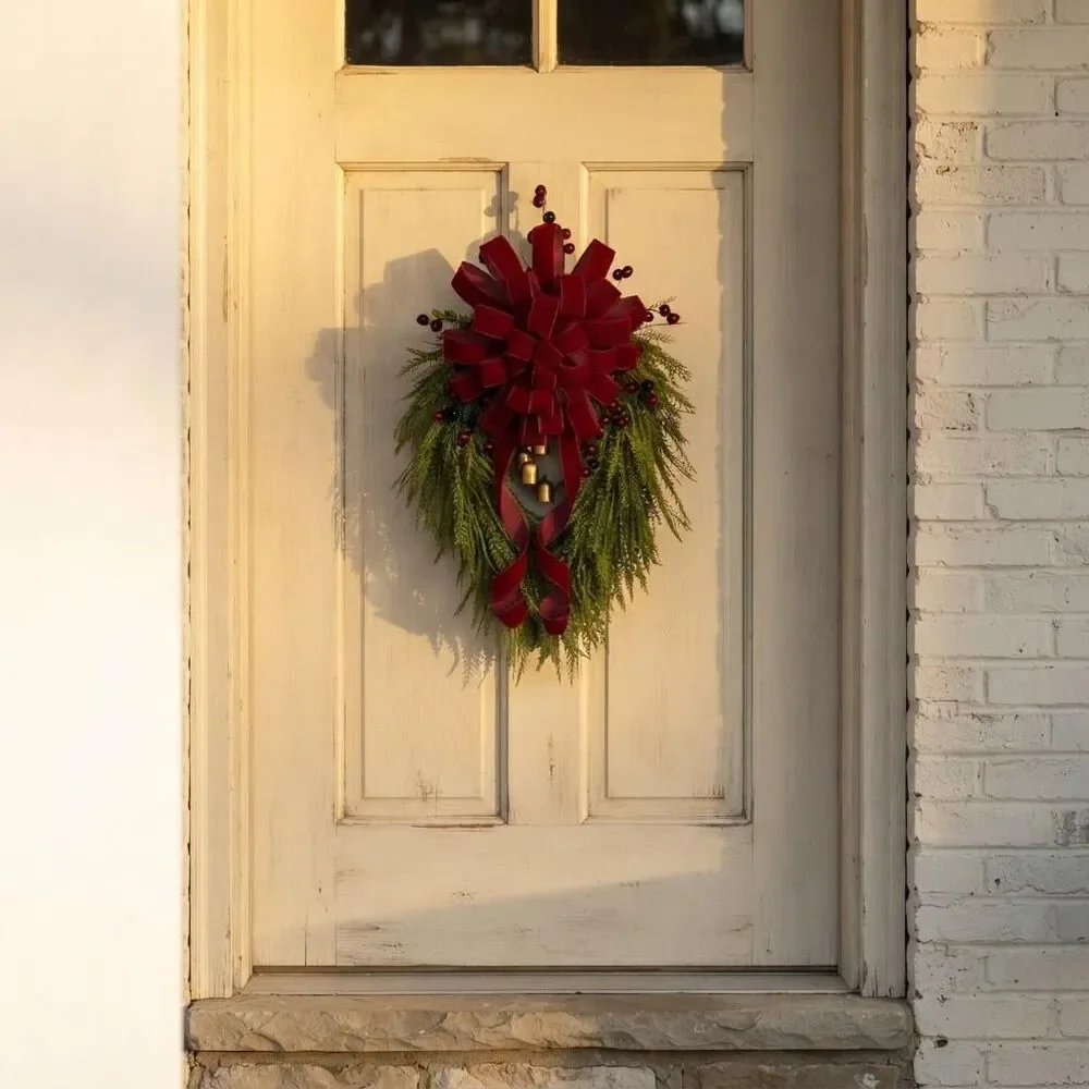 Traditional Christmas Teardrop Swag | Red Velvet Bow, Berries,, Gold Bells